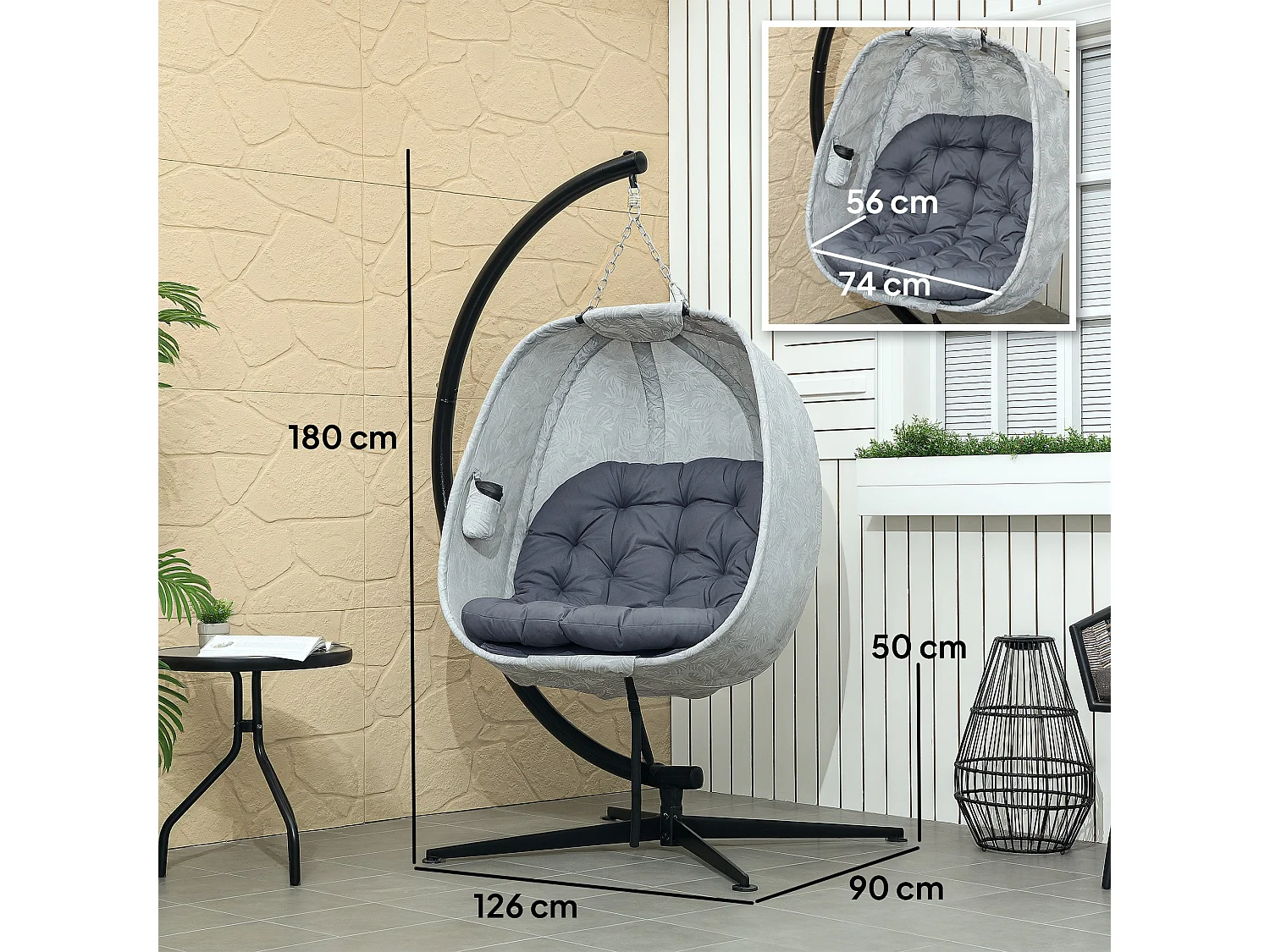 Hammac suspendu en forme d'œuf, pliable, avec structure en acier et coussin, gris (126x90x180cm)