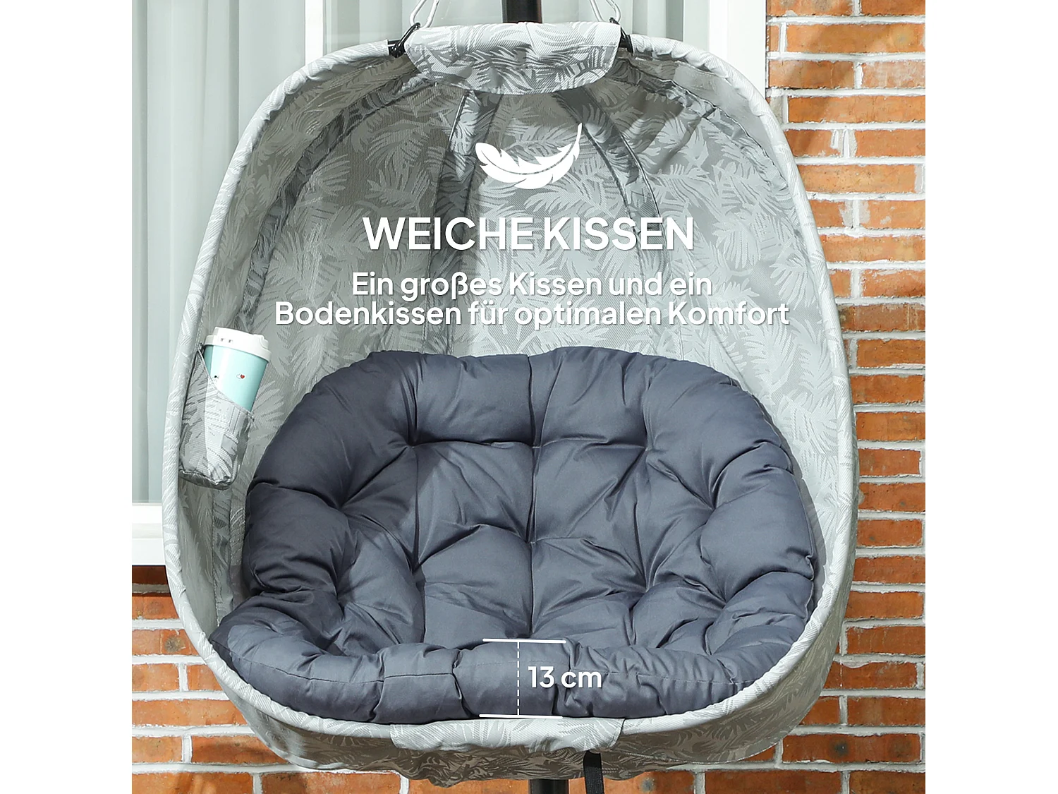 Hammac suspendu en forme d'œuf, pliable, avec structure en acier et coussin, gris (126x90x180cm)