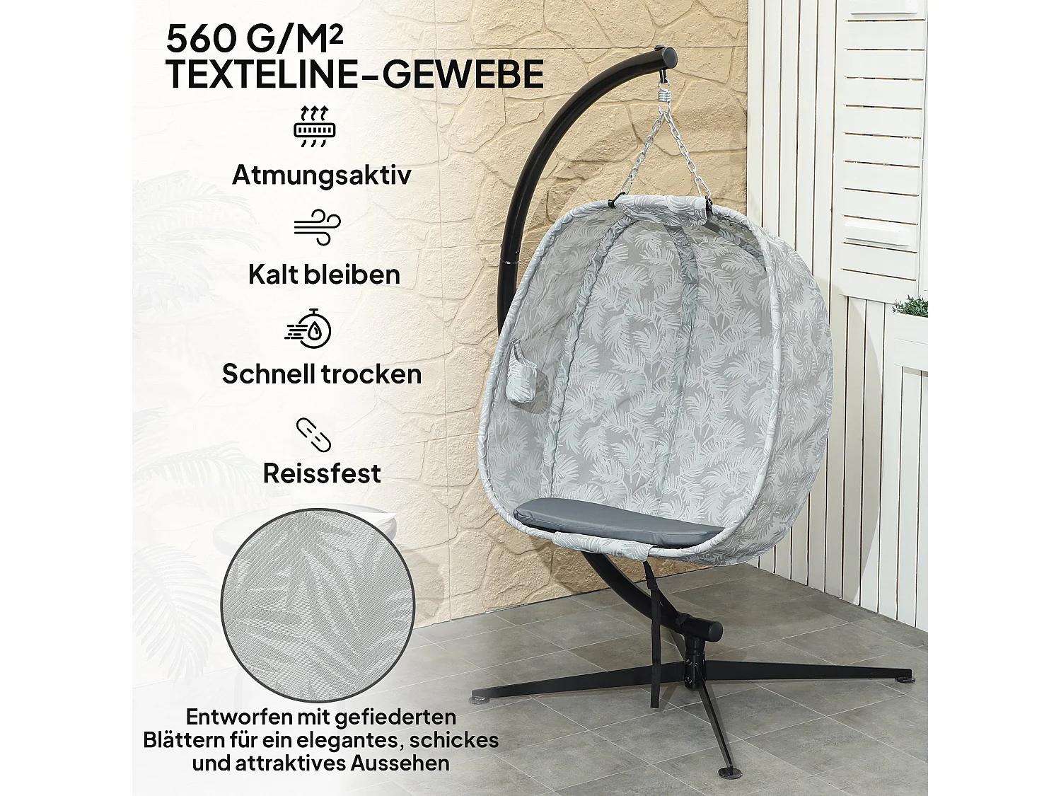 Hammac suspendu en forme d'œuf, pliable, avec structure en acier et coussin, gris (126x90x180cm)