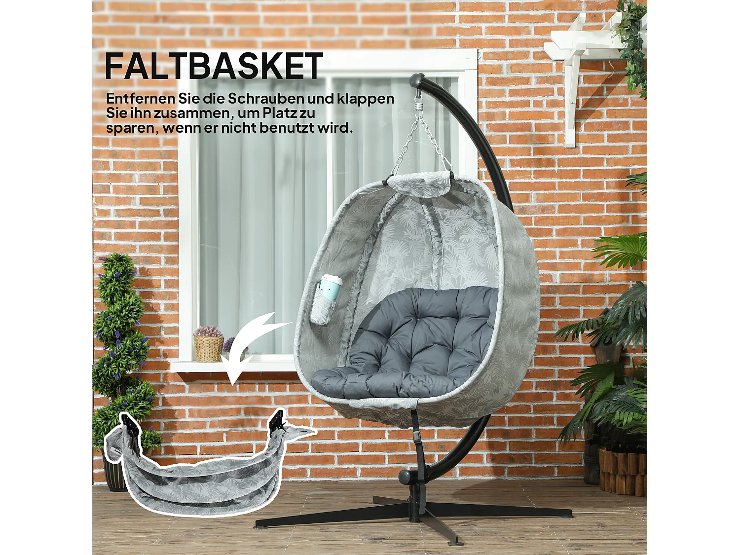 Hammac suspendu en forme d'œuf, pliable, avec structure en acier et coussin, gris (126x90x180cm)