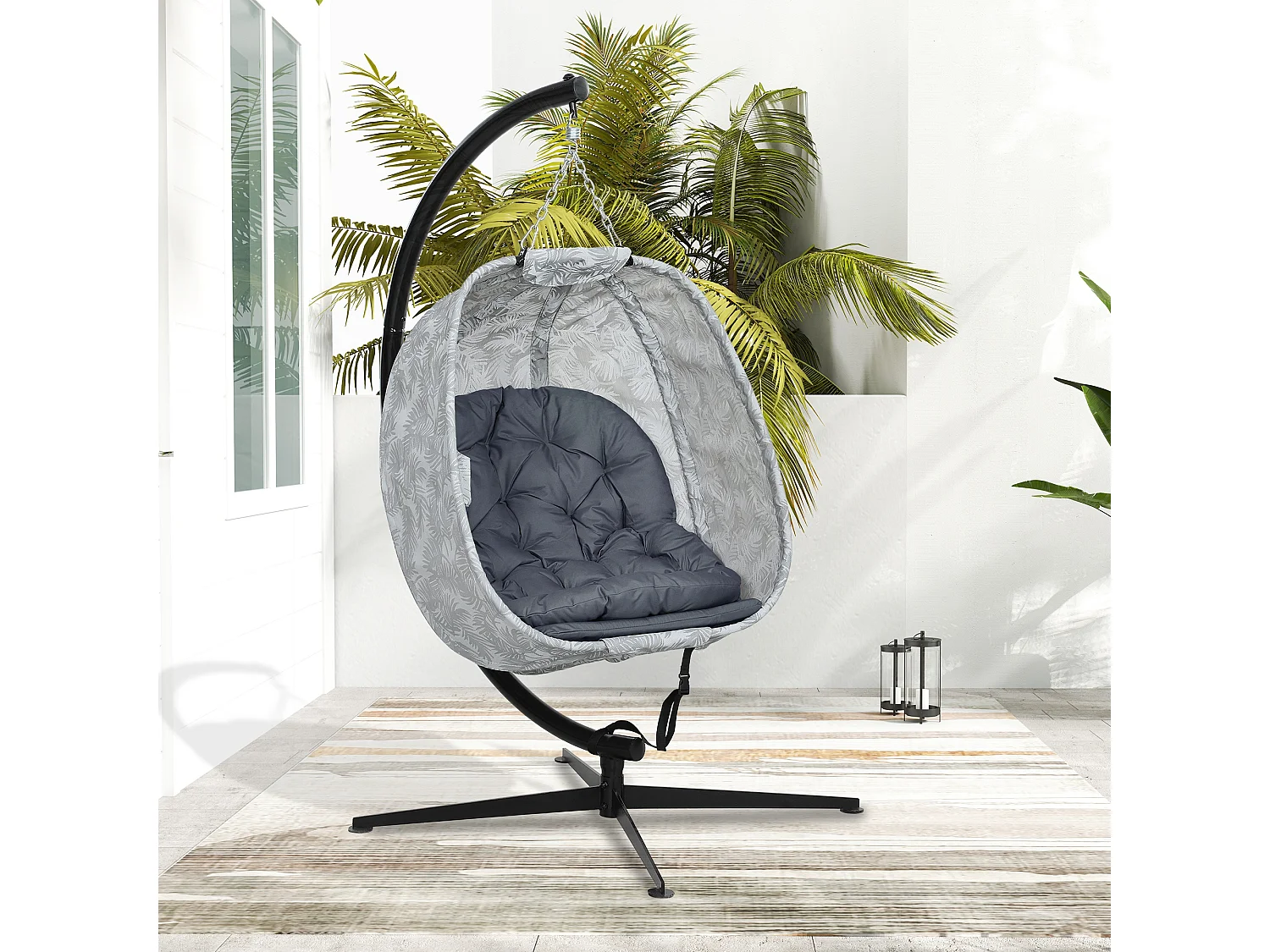 Hammac suspendu en forme d'œuf, pliable, avec structure en acier et coussin, gris (126x90x180cm)