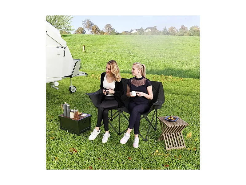 Silla plegable doble con bolsillos refrigerados, poliéster, color negro, para camping y jardín (145x60x92cm)