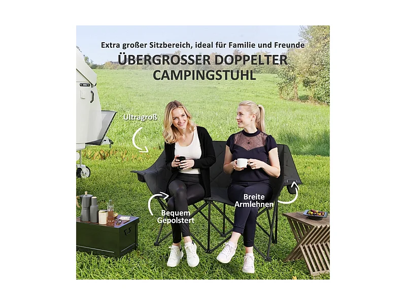 Silla plegable doble con bolsillos refrigerados, poliéster, color negro, para camping y jardín (145x60x92cm)