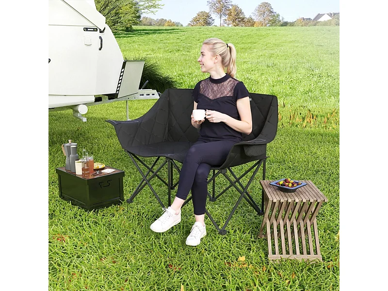 Silla plegable doble con bolsillos refrigerados, poliéster, color negro, para camping y jardín (145x60x92cm)