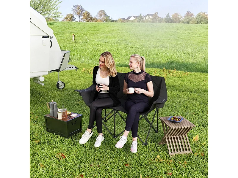 Silla plegable doble con bolsillos refrigerados, poliéster, color negro, para camping y jardín (145x60x92cm)