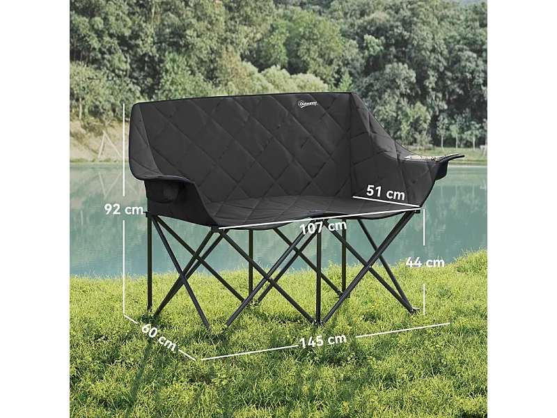 Silla plegable doble con bolsillos refrigerados, poliéster, color negro, para camping y jardín (145x60x92cm)