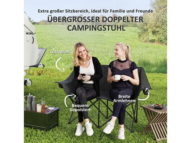 Silla plegable doble con bolsillos refrigerados, poliéster, color negro, para camping y jardín (145x60x92cm)