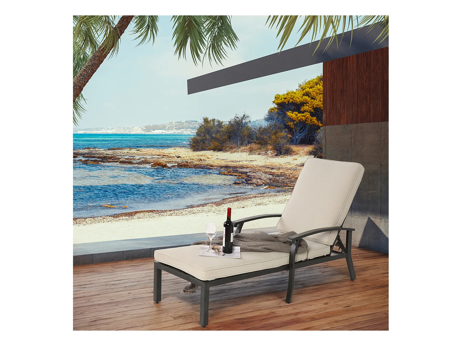 Sillón de patio ajustable con cojín de algodón, aluminio resistente a la corrosión, beige (204 x 58 x 100/30 cm)