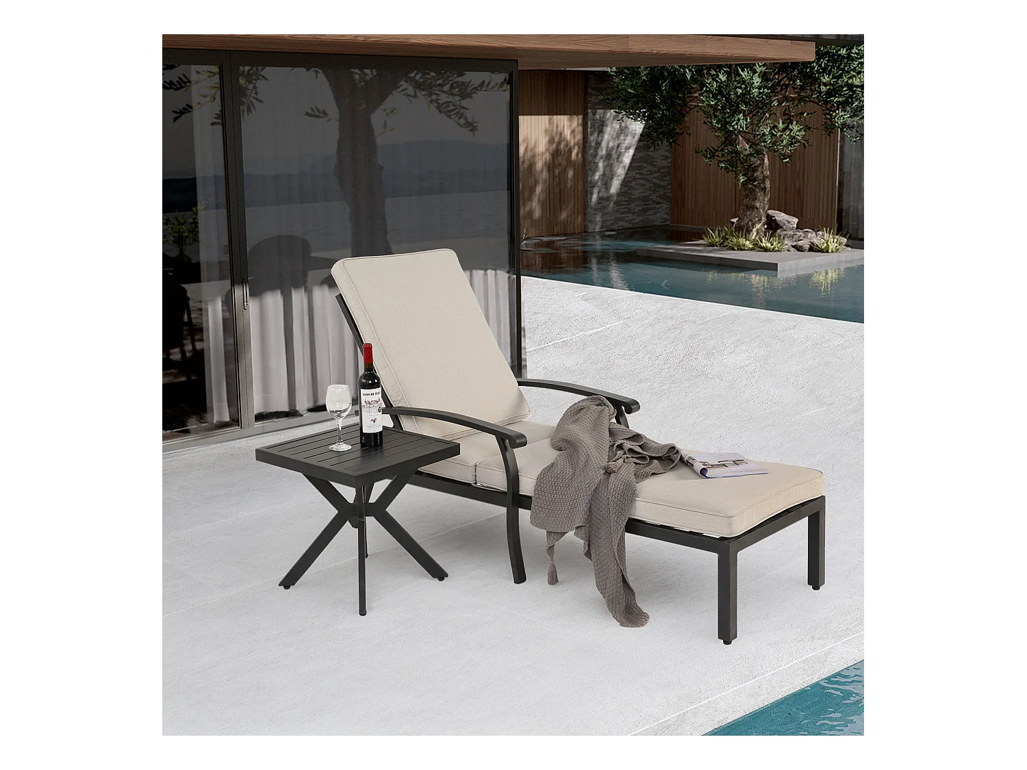 Sillón de patio ajustable con cojín de algodón, aluminio resistente a la corrosión, beige (204 x 58 x 100/30 cm)