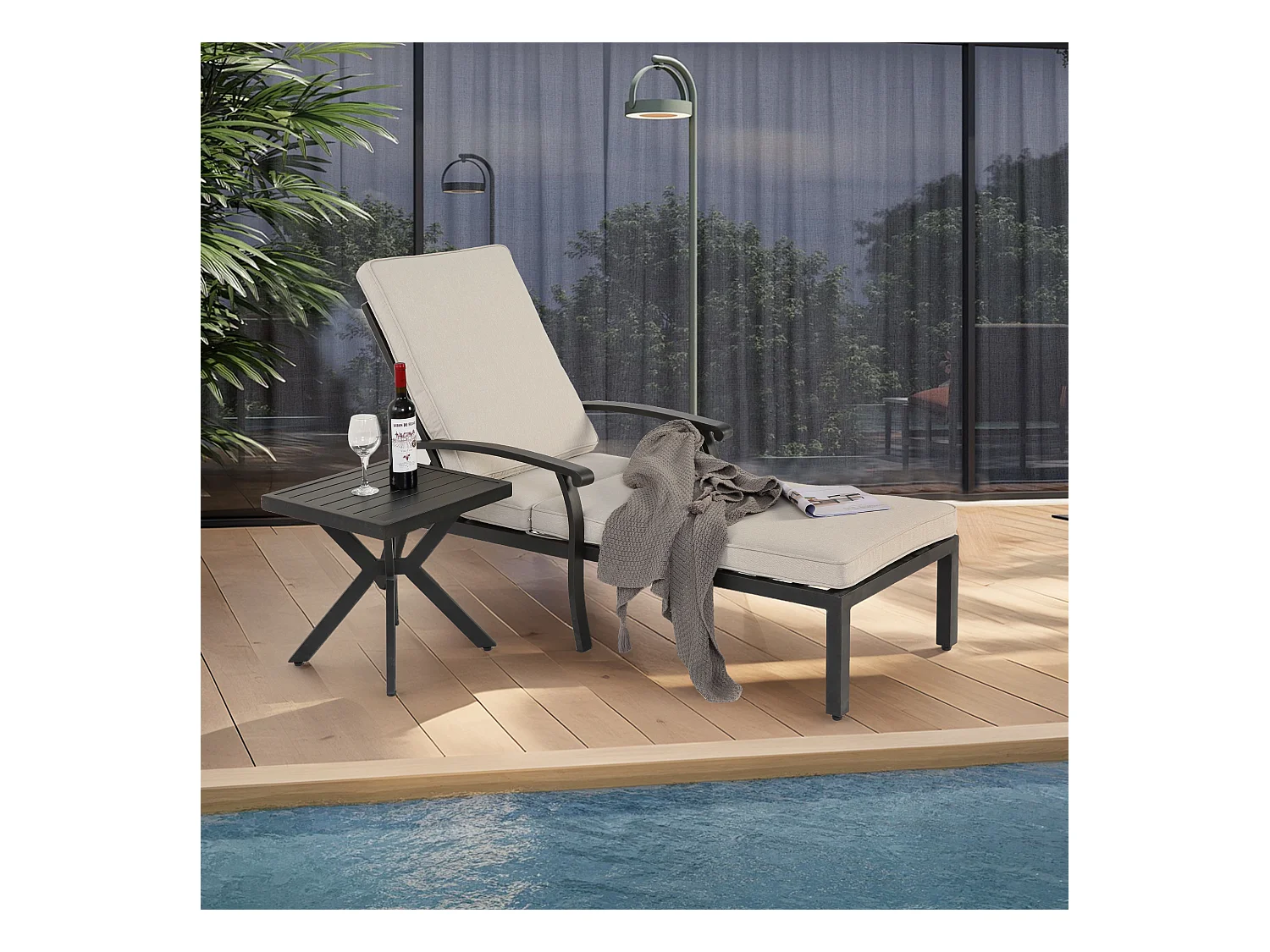 Sillón de patio ajustable con cojín de algodón, aluminio resistente a la corrosión, beige (204 x 58 x 100/30 cm)