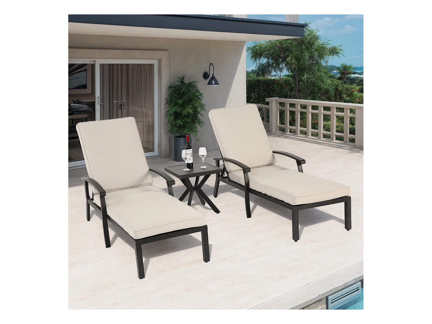 Sillón de patio ajustable con cojín de algodón, aluminio resistente a la corrosión, beige (204 x 58 x 100/30 cm)