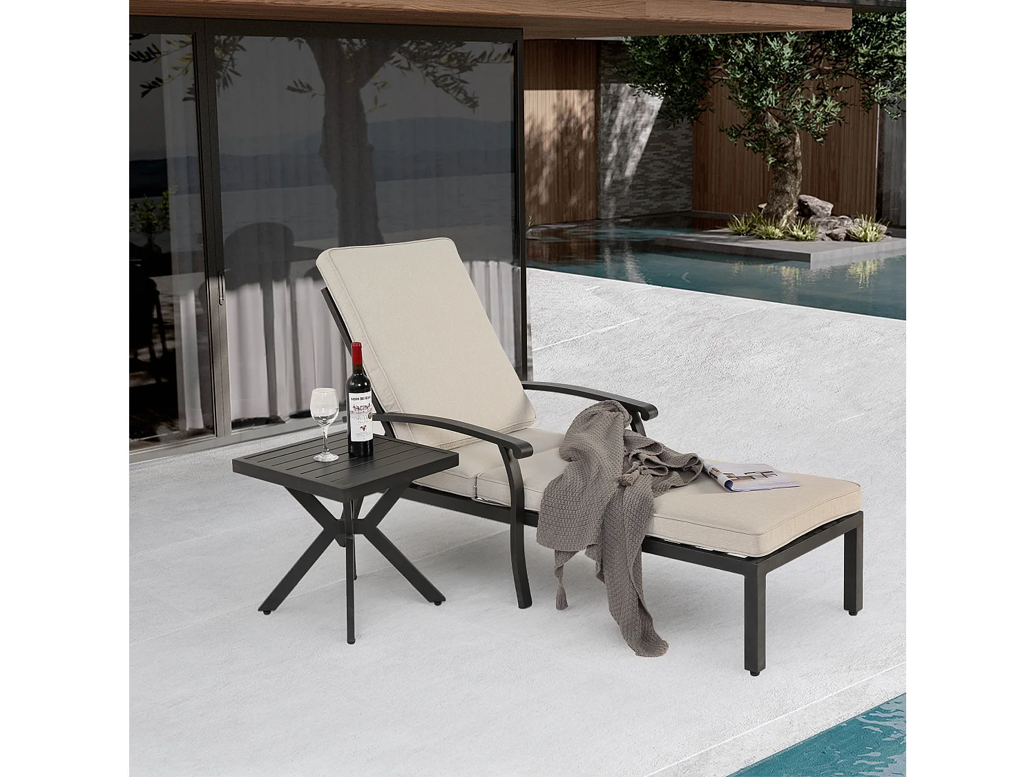 Verstelbare terrasstoel met katoenen kussen, roestbestendig aluminium, beige (204x58x100/30 cm)