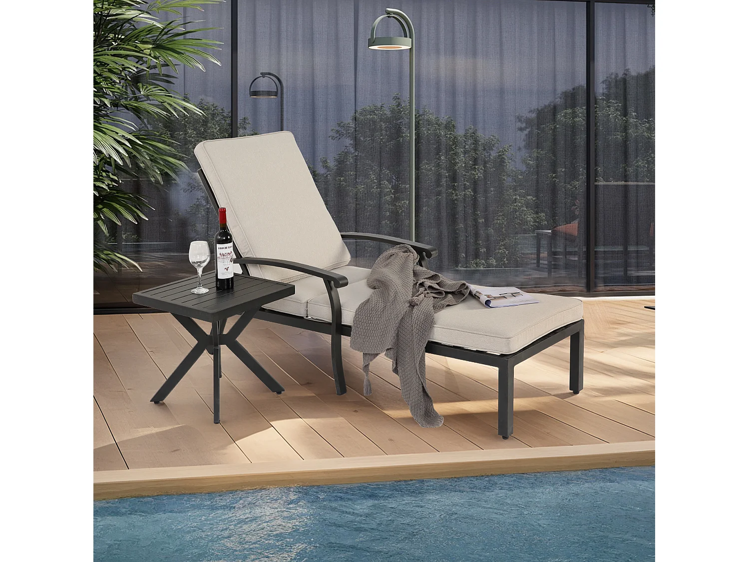 Verstelbare terrasstoel met katoenen kussen, roestbestendig aluminium, beige (204x58x100/30 cm)