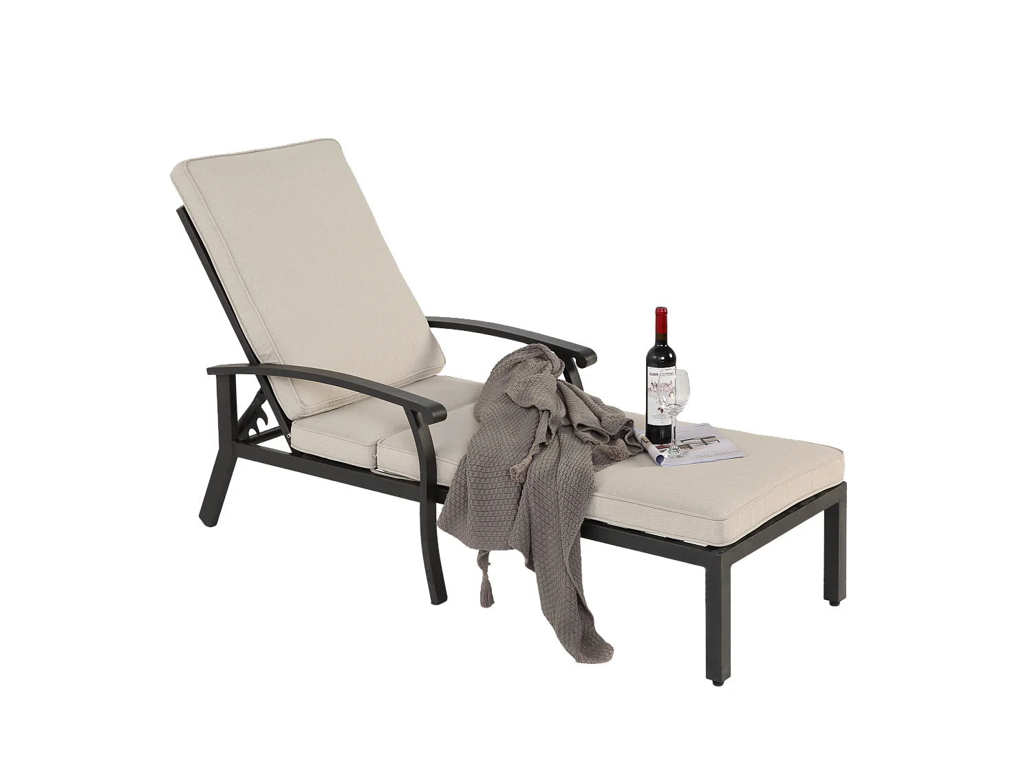 Verstelbare terrasstoel met katoenen kussen, roestbestendig aluminium, beige (204x58x100/30 cm)