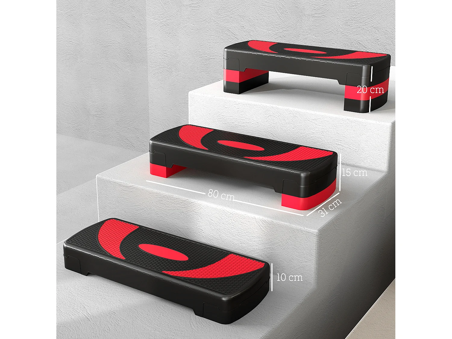 Stepper réglable pour aérobic, avec 3 hauteurs, plastique, rouge (80x31x20 cm)