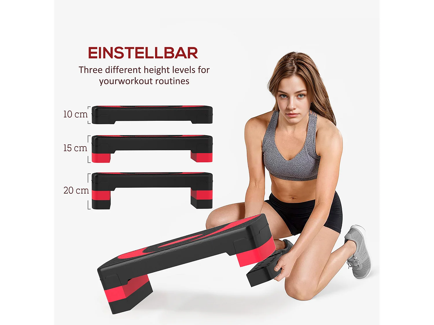 Stepper réglable pour aérobic, avec 3 hauteurs, plastique, rouge (80x31x20 cm)
