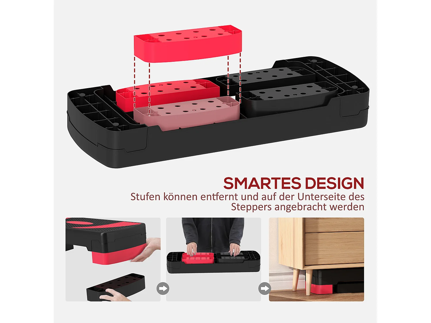 Stepper réglable pour aérobic, avec 3 hauteurs, plastique, rouge (80x31x20 cm)