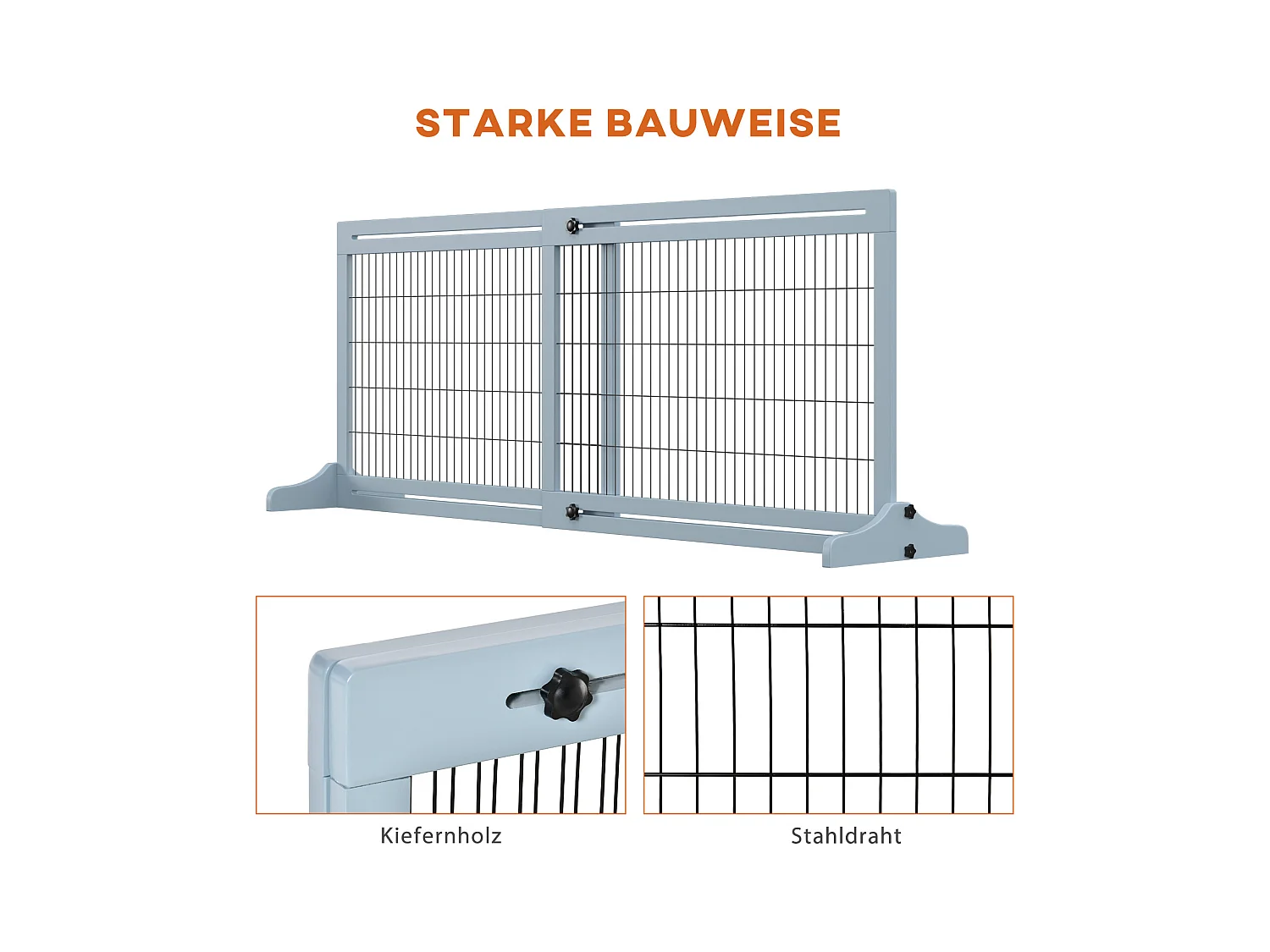 Barrière extensible pour chiens en bois, grise avec pieds stabilisateurs (104-183x36x69 cm)