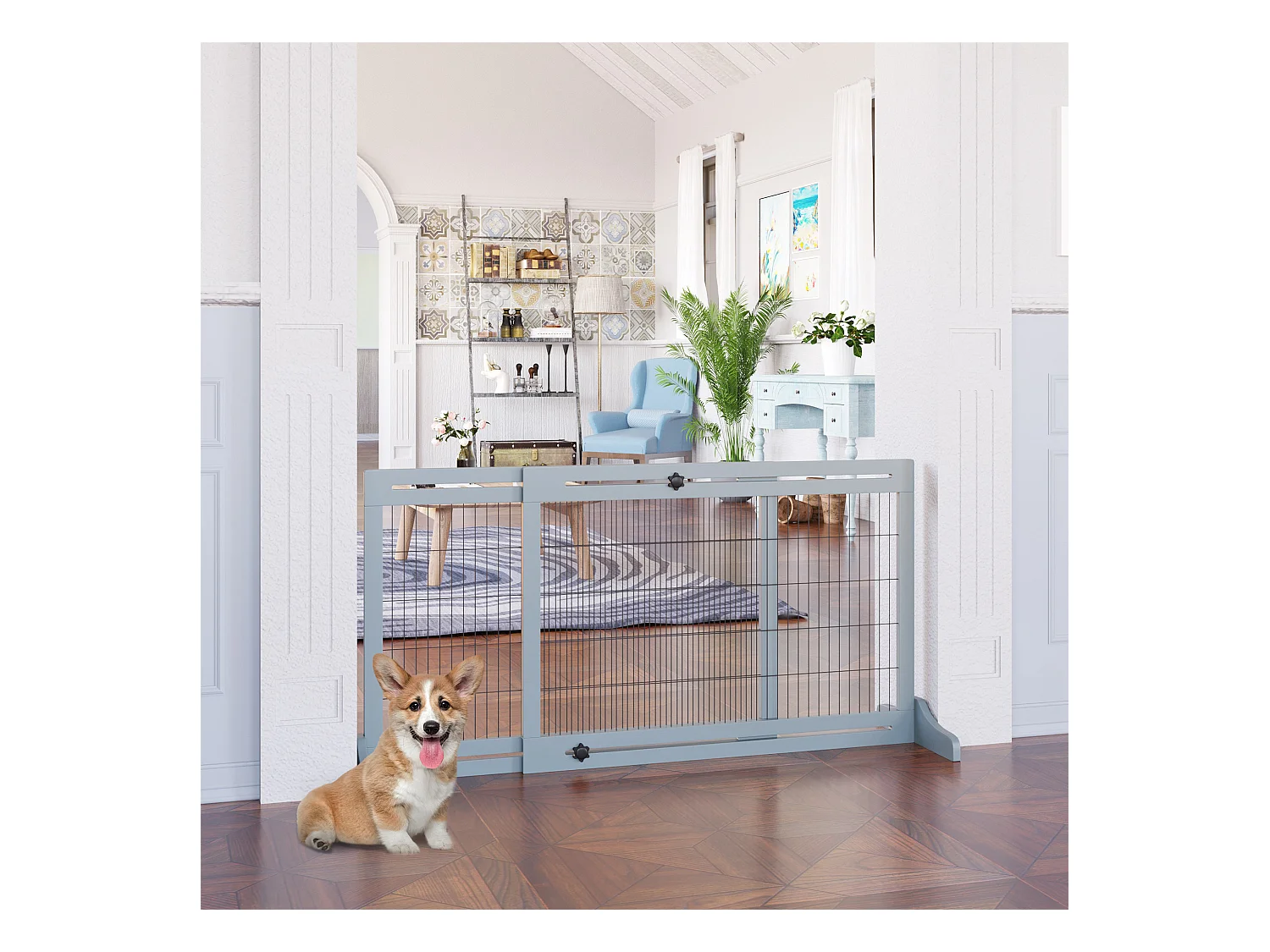 Barrière extensible pour chiens en bois, grise avec pieds stabilisateurs (104-183x36x69 cm)