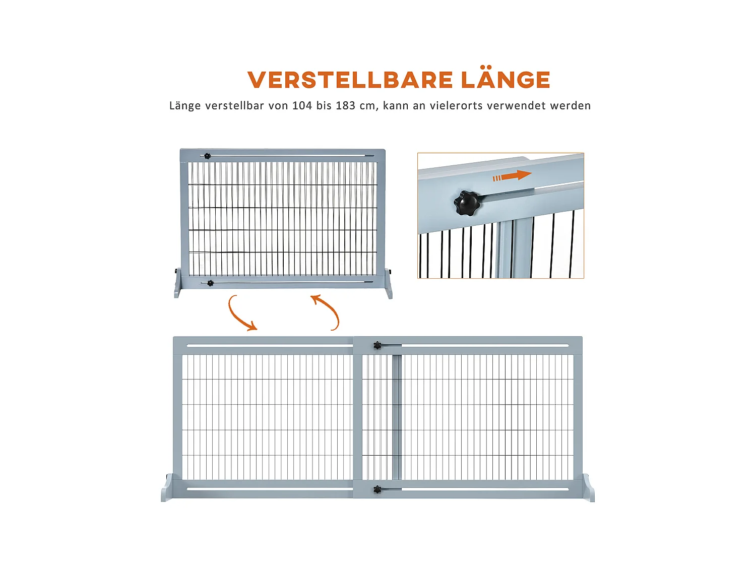 Barrière extensible pour chiens en bois, grise avec pieds stabilisateurs (104-183x36x69 cm)