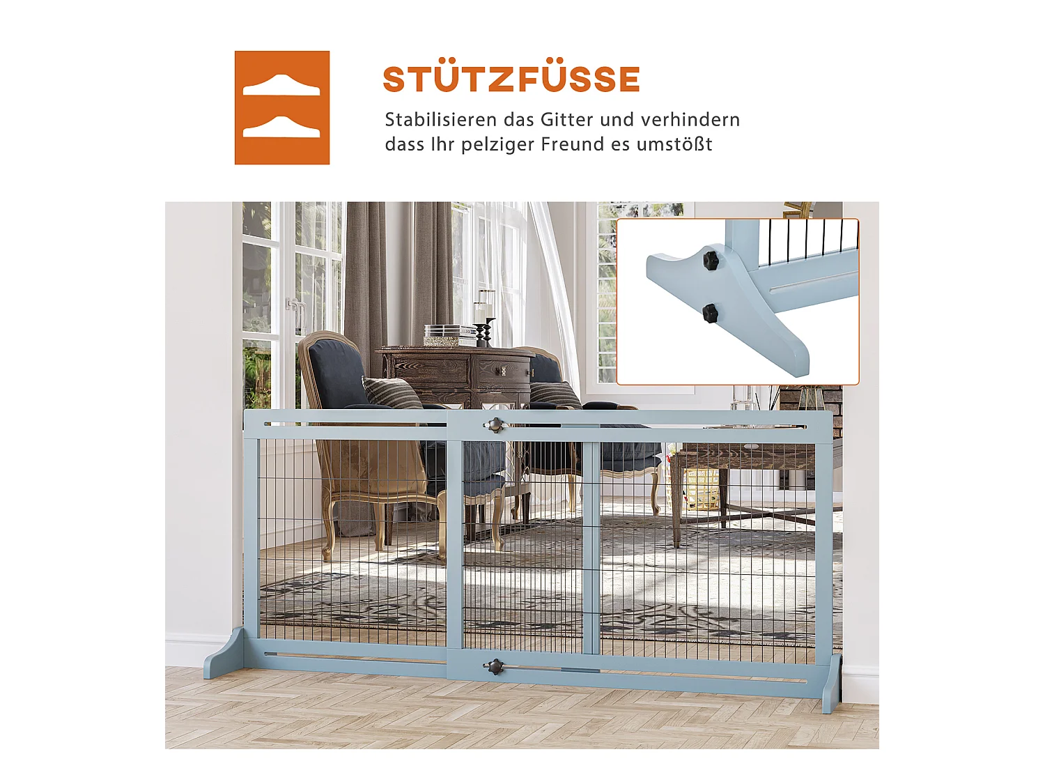 Barrière extensible pour chiens en bois, grise avec pieds stabilisateurs (104-183x36x69 cm)