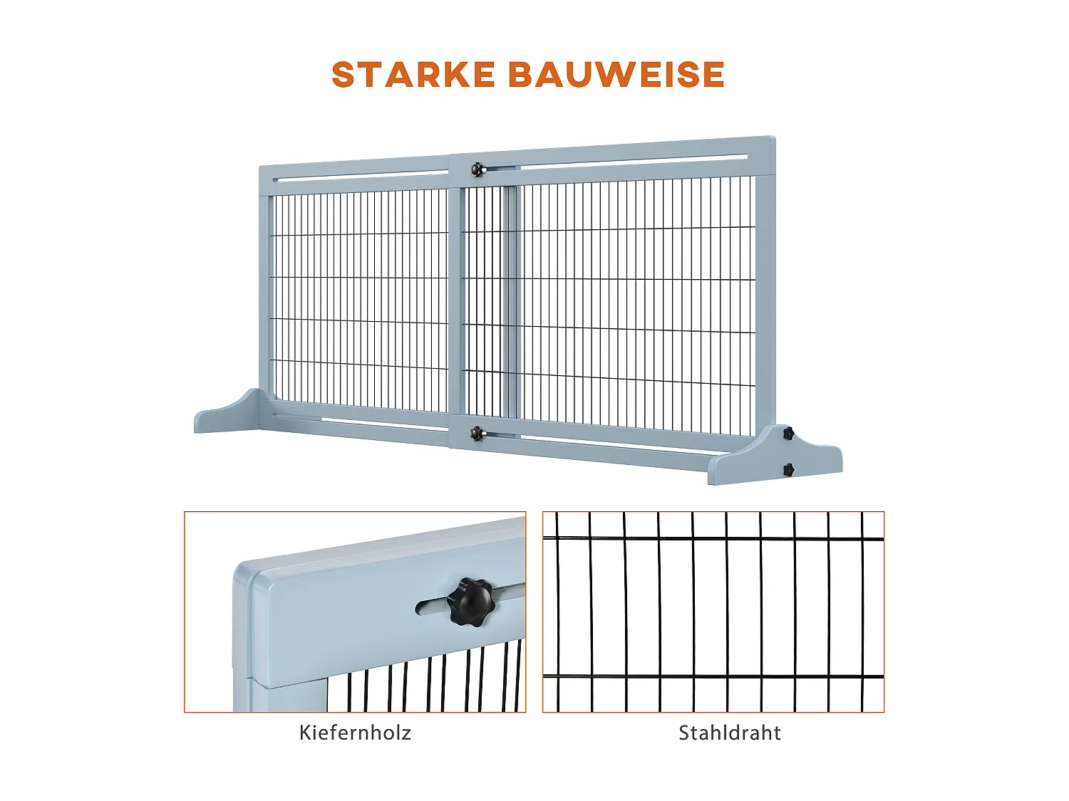 Barrière extensible pour chiens en bois, grise avec pieds stabilisateurs (104-183x36x69 cm)