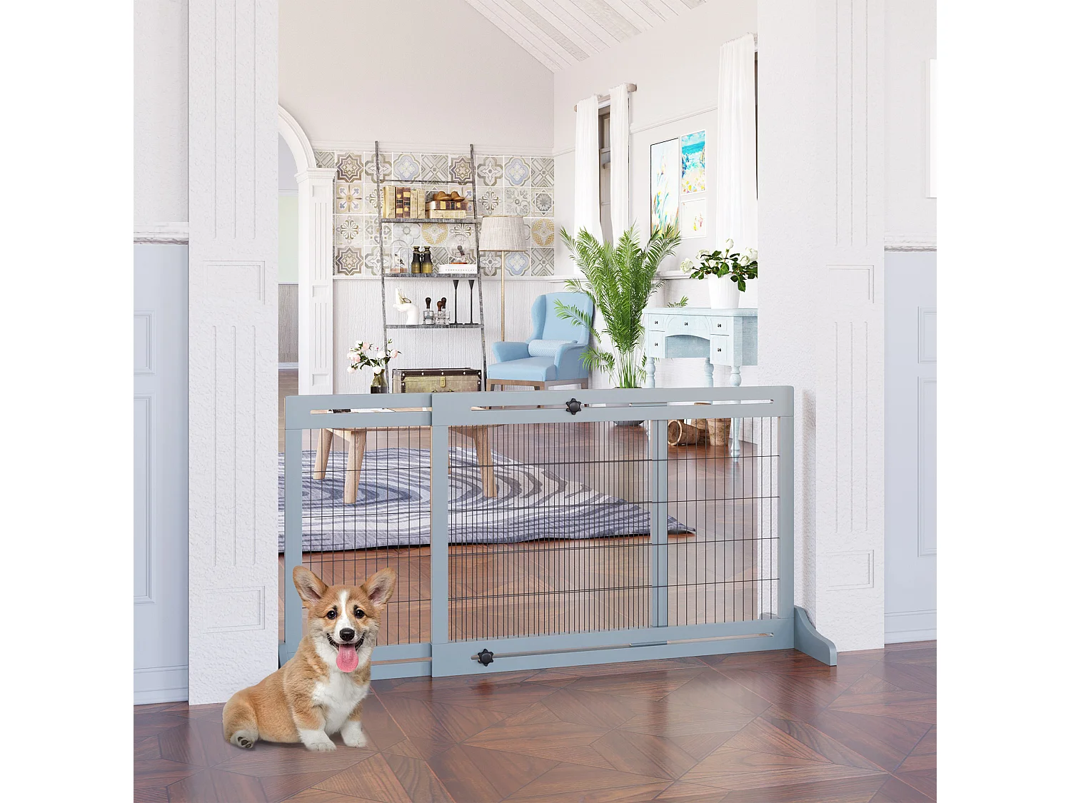 Barrière extensible pour chiens en bois, grise avec pieds stabilisateurs (104-183x36x69 cm)