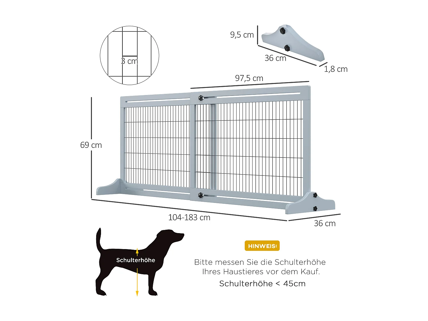 Barrière extensible pour chiens en bois, grise avec pieds stabilisateurs (104-183x36x69 cm)