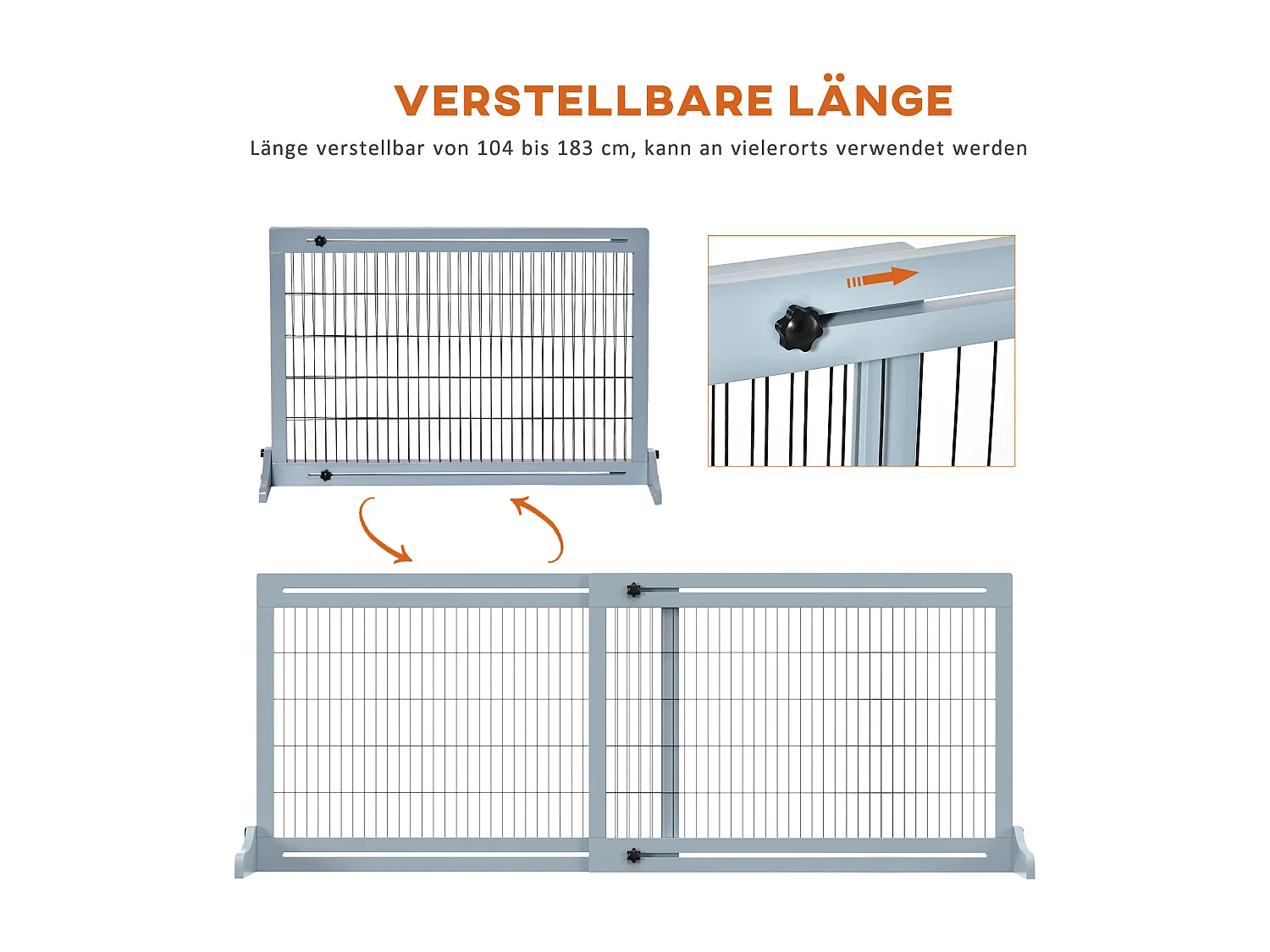 Barrière extensible pour chiens en bois, grise avec pieds stabilisateurs (104-183x36x69 cm)