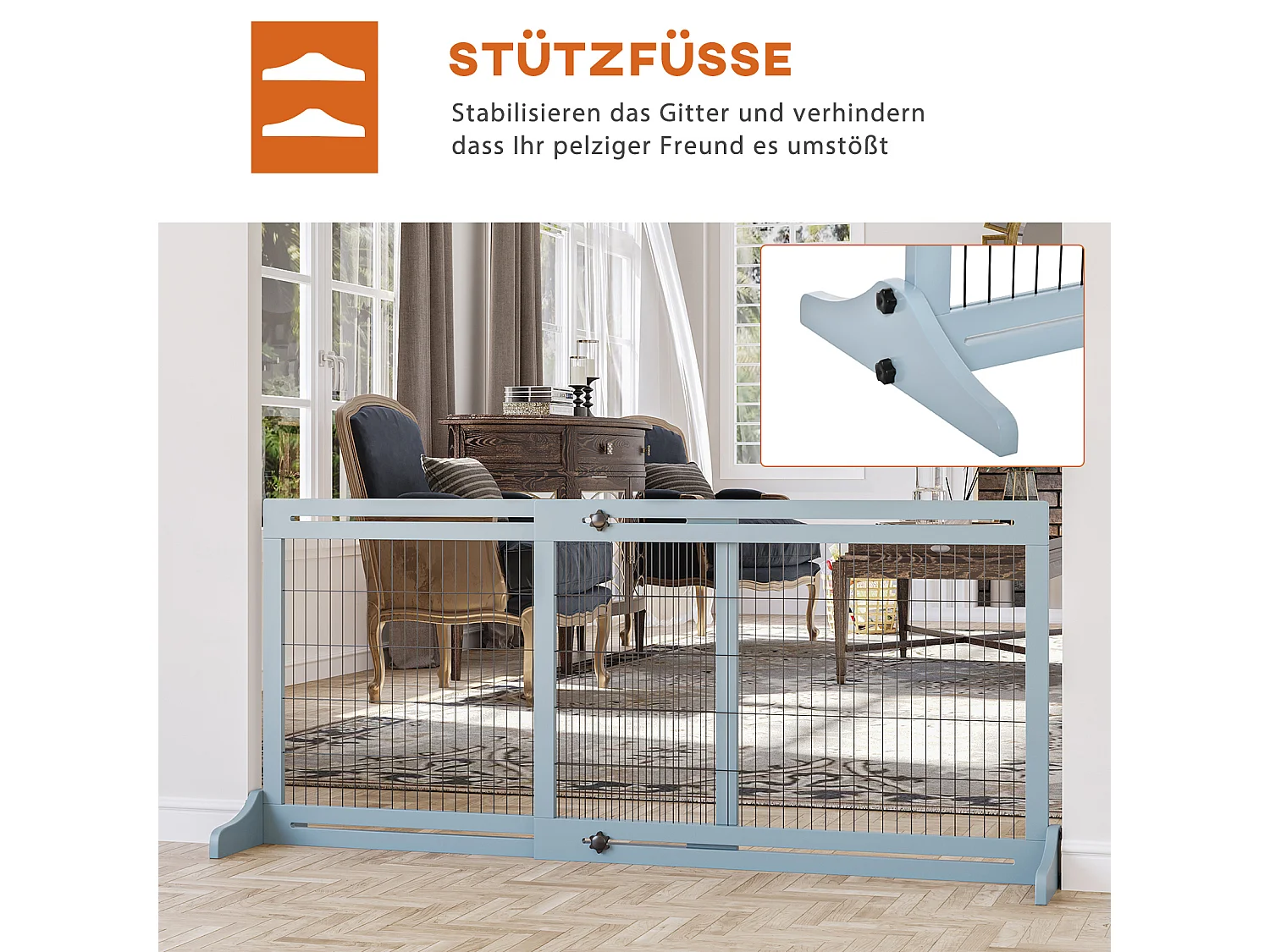Barrière extensible pour chiens en bois, grise avec pieds stabilisateurs (104-183x36x69 cm)
