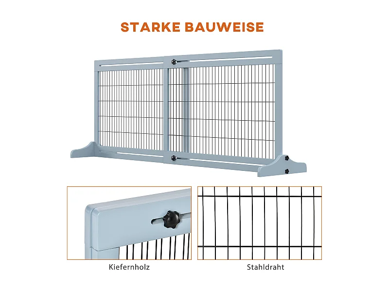 Puerta extensible de madera para perros, gris, con patas estabilizadoras (104-183 x 36 x 69 cm)