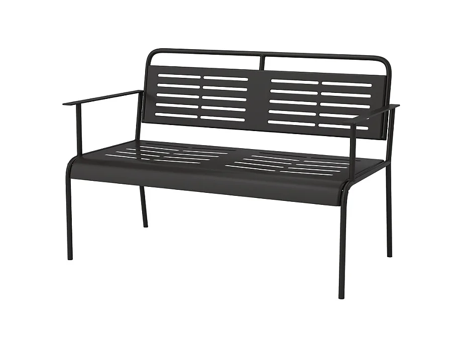 Banc de jardin 2 places à lattes, résistant à l'eau, acier, noir avec dossier et accoudoirs (121x64x84cm)