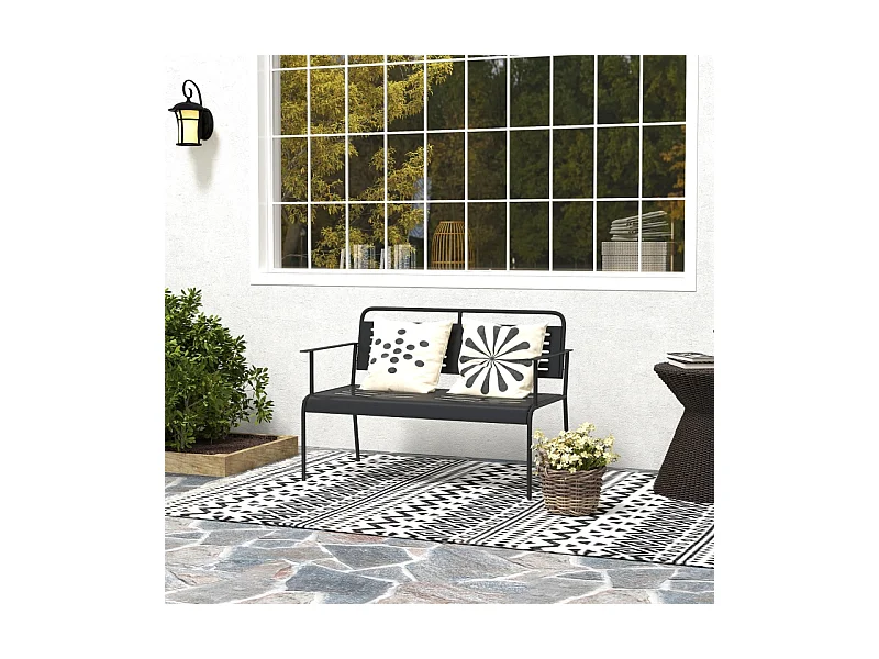 Banc de jardin 2 places à lattes, résistant à l'eau, acier, noir avec dossier et accoudoirs (121x64x84cm)