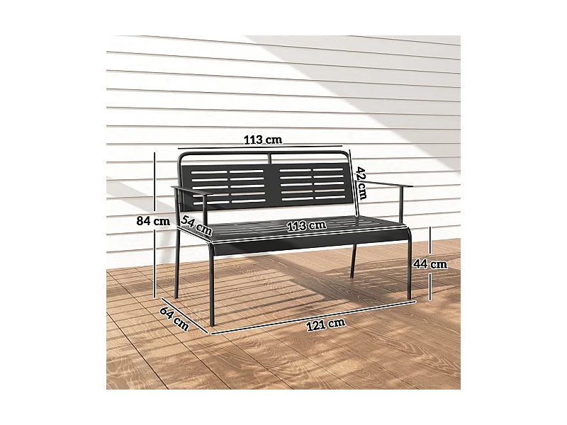 Banc de jardin 2 places à lattes, résistant à l'eau, acier, noir avec dossier et accoudoirs (121x64x84cm)