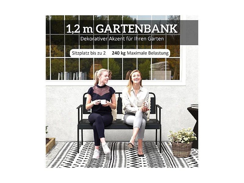 Banc de jardin 2 places à lattes, résistant à l'eau, acier, noir avec dossier et accoudoirs (121x64x84cm)