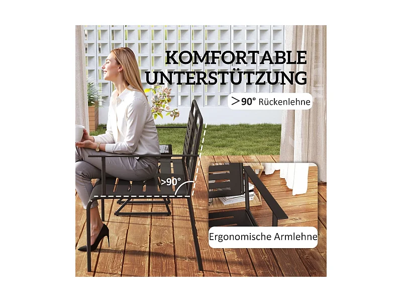 Banc de jardin 2 places à lattes, résistant à l'eau, acier, noir avec dossier et accoudoirs (121x64x84cm)