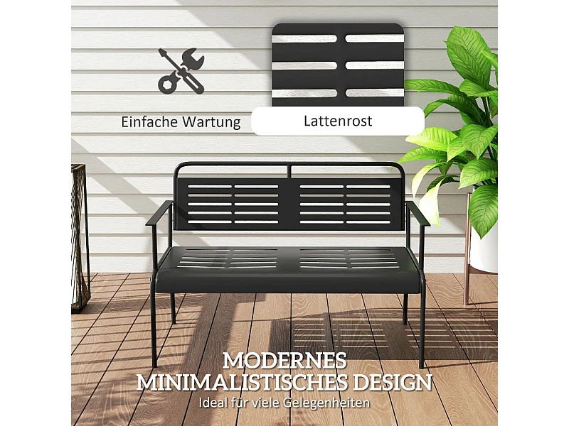 Banc de jardin 2 places à lattes, résistant à l'eau, acier, noir avec dossier et accoudoirs (121x64x84cm)