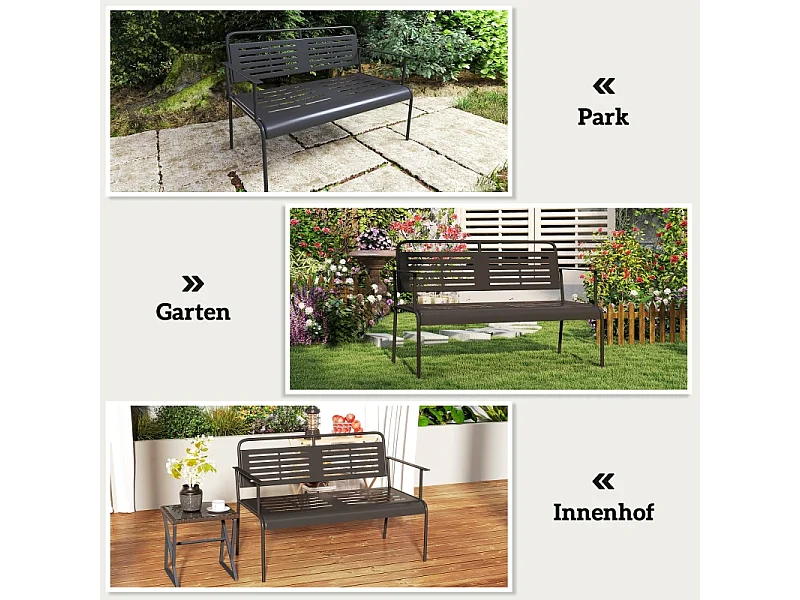 Banc de jardin 2 places à lattes, résistant à l'eau, acier, noir avec dossier et accoudoirs (121x64x84cm)