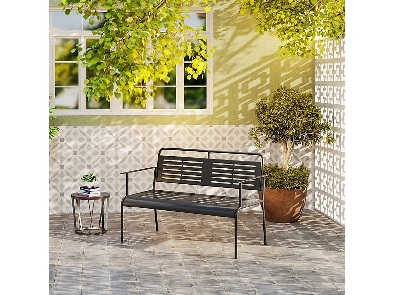 Banc de jardin 2 places à lattes, résistant à l'eau, acier, noir avec dossier et accoudoirs (121x64x84cm)