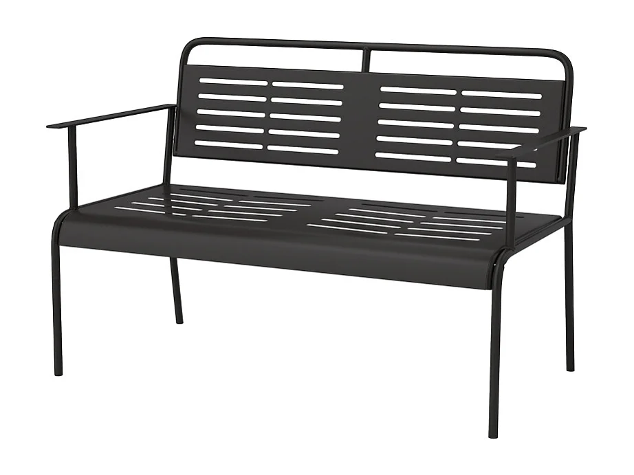 Banc de jardin 2 places à lattes, résistant à l'eau, acier, noir avec dossier et accoudoirs (121x64x84cm)