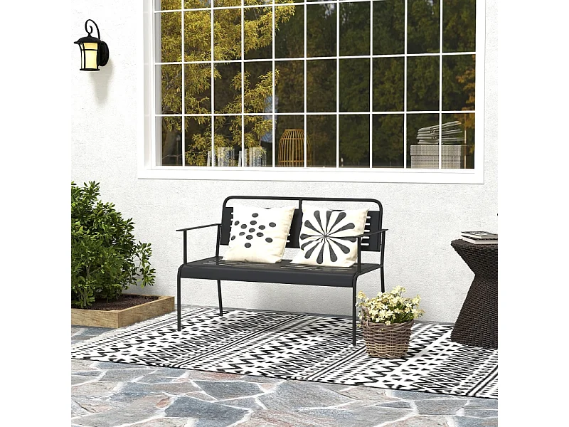 Banc de jardin 2 places à lattes, résistant à l'eau, acier, noir avec dossier et accoudoirs (121x64x84cm)