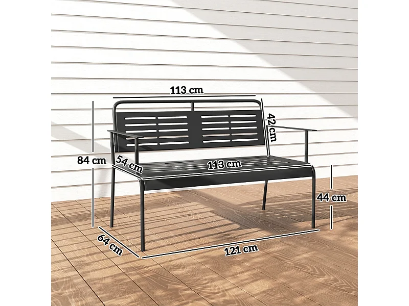 Banc de jardin 2 places à lattes, résistant à l'eau, acier, noir avec dossier et accoudoirs (121x64x84cm)