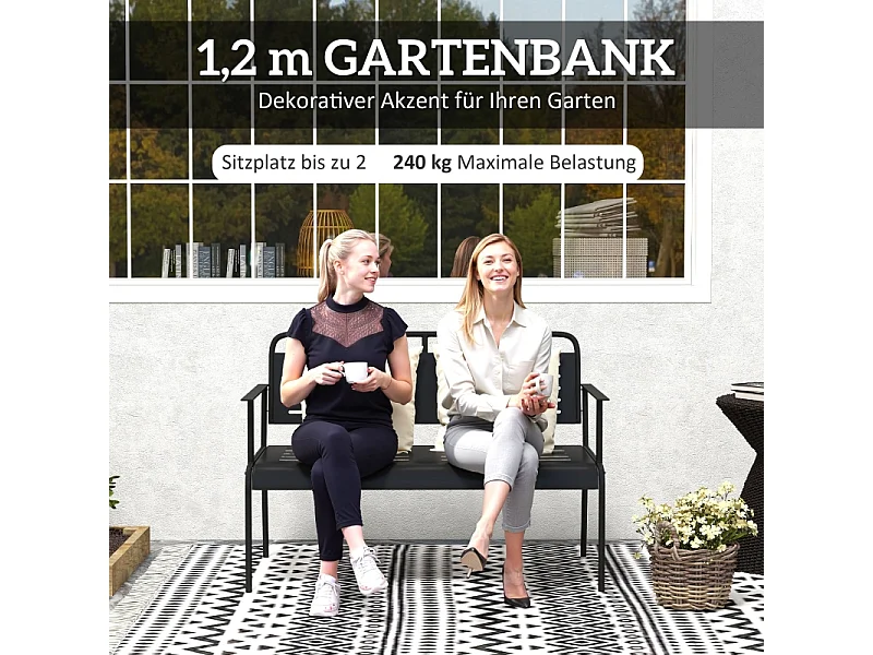 Banc de jardin 2 places à lattes, résistant à l'eau, acier, noir avec dossier et accoudoirs (121x64x84cm)