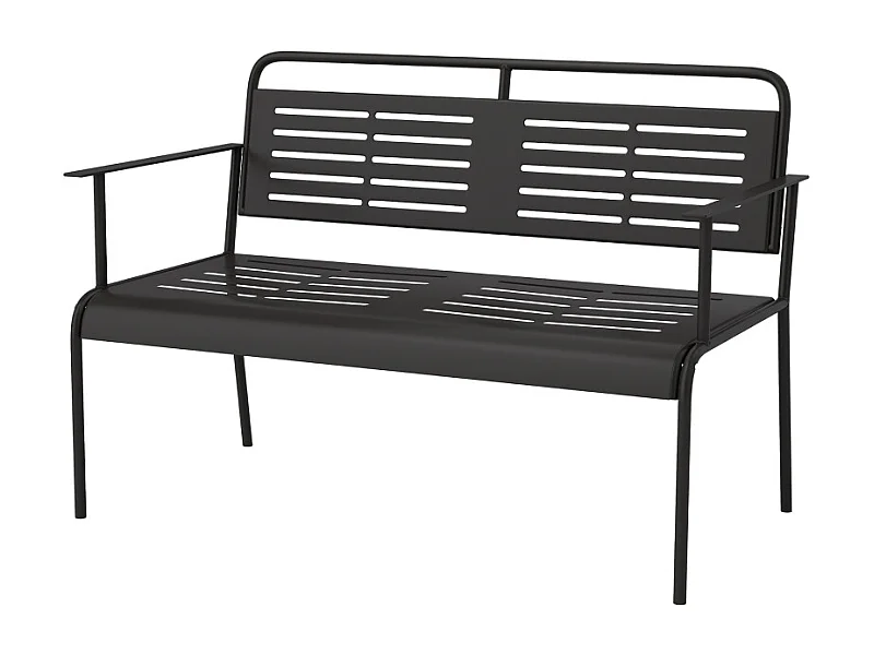 Panca da giardino a 2 posti con doghe, resistente all'acqua, in acciaio, nera con schienale e braccioli (121x64x84cm)