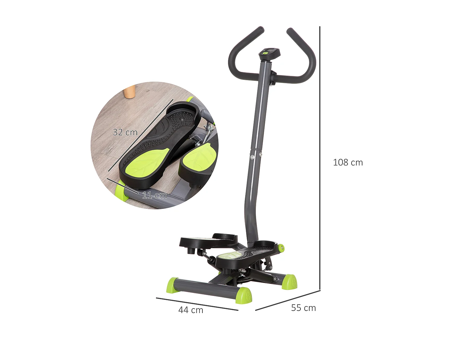 Stepper Fitness à LCD, Résistance Magnétique, Acier ABS, Gris et Vert (55x44x108 cm)