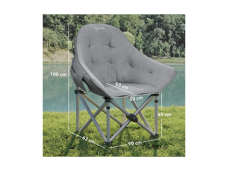 Silla de camping plegable con reposabrazos y funda de transporte, piel sintética, gris oscuro (90x63x100 cm)