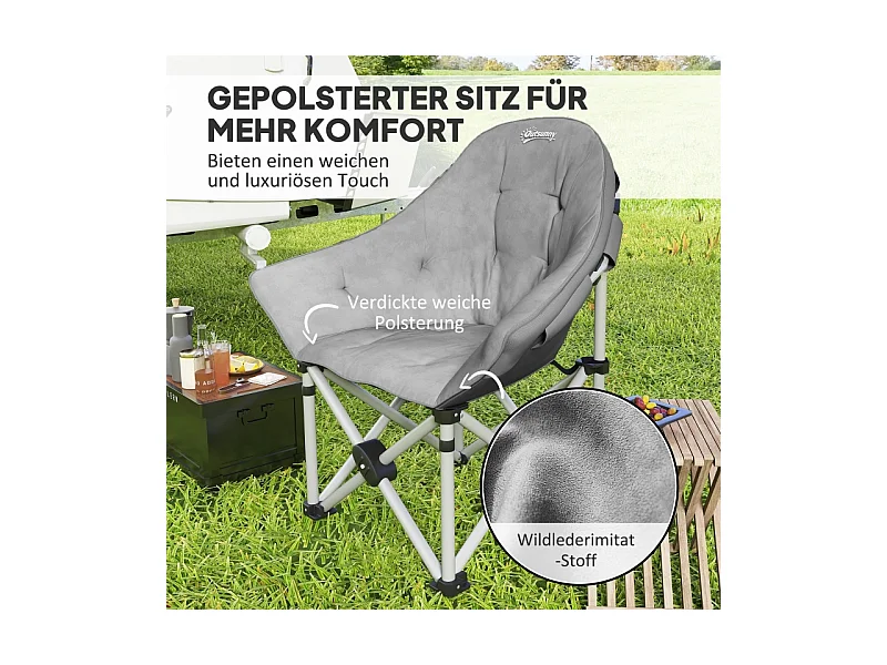 Silla de camping plegable con reposabrazos y funda de transporte, piel sintética, gris oscuro (90x63x100 cm)