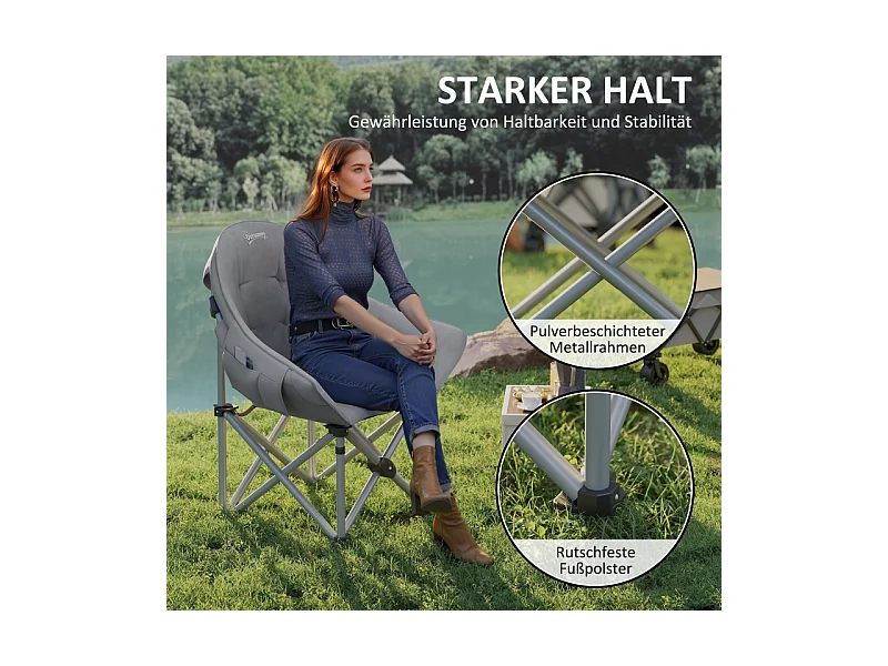 Silla de camping plegable con reposabrazos y funda de transporte, piel sintética, gris oscuro (90x63x100 cm)