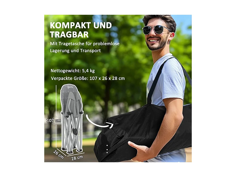 Silla de camping plegable con reposabrazos y funda de transporte, piel sintética, gris oscuro (90x63x100 cm)