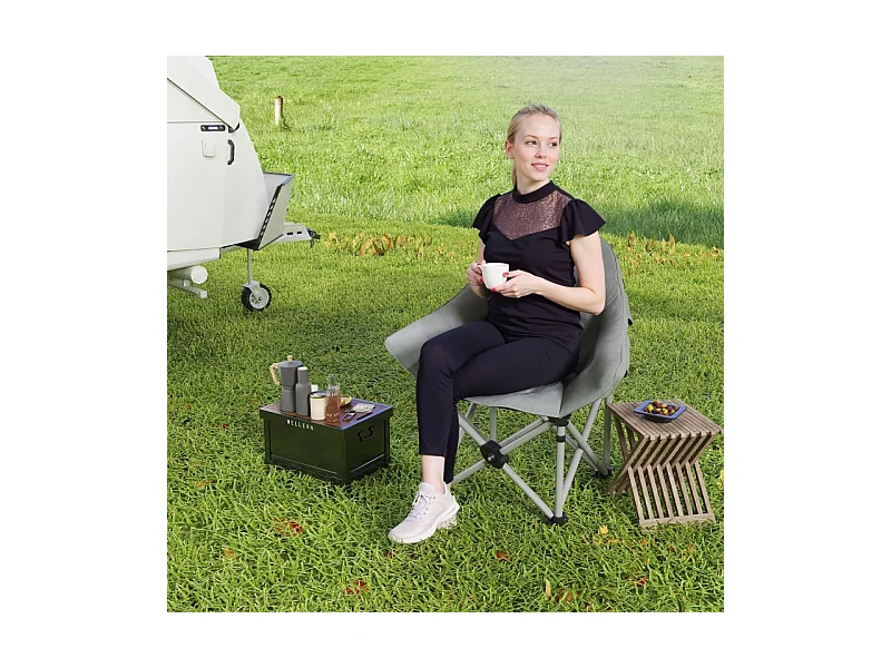 Silla de camping plegable con reposabrazos y funda de transporte, piel sintética, gris oscuro (90x63x100 cm)